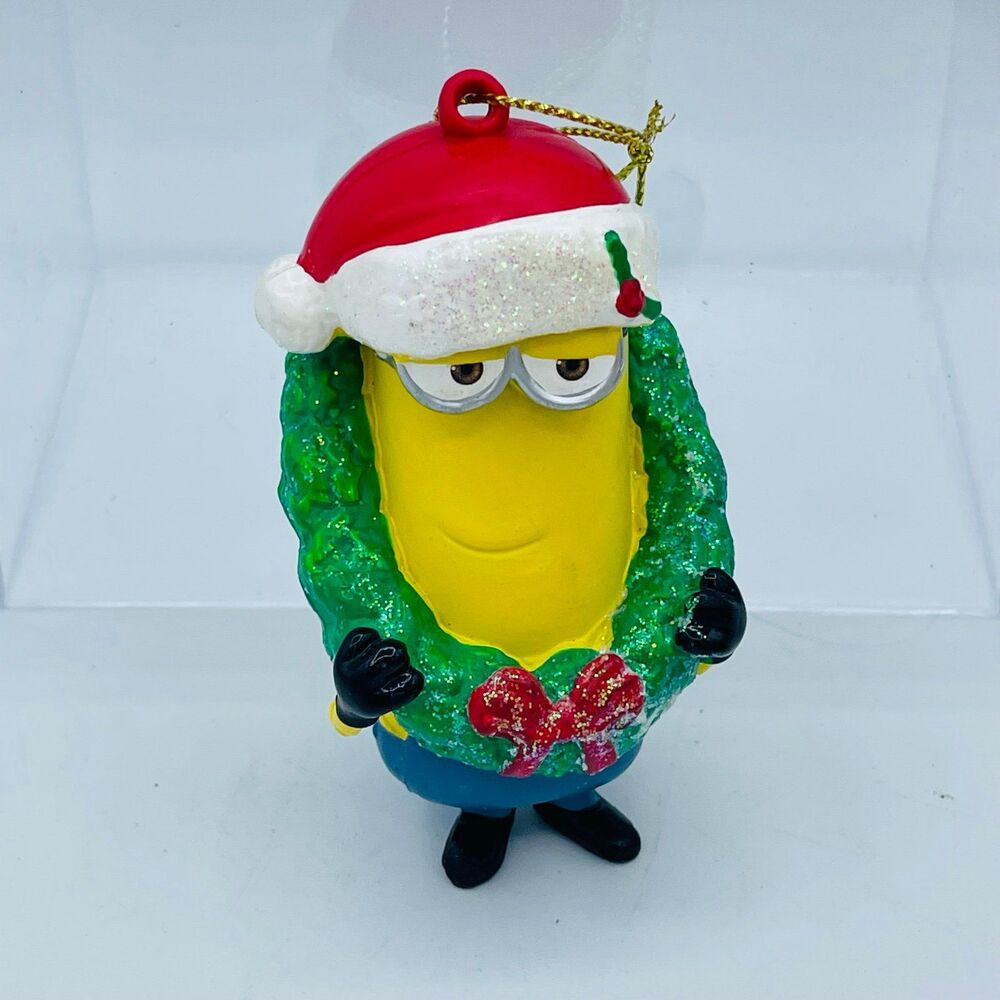 Despicable Me Minions Bob in Christmas Wreath Ornament Santa Hat Holiday Loose